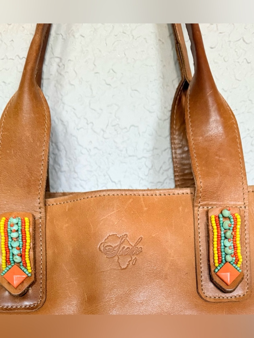 SSEKO LARGE HANDCRAFTED LEATHER SHOULDER BAG W/ BEADED ACCENTS